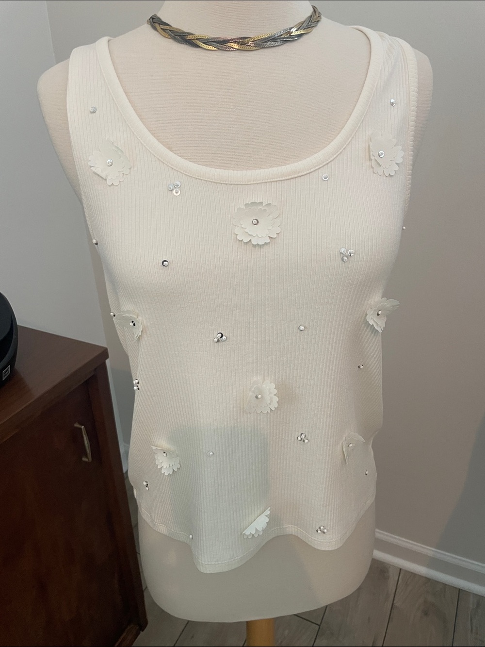 J. Crew Cream Floral Applique Ribbed Sleeveless Tank